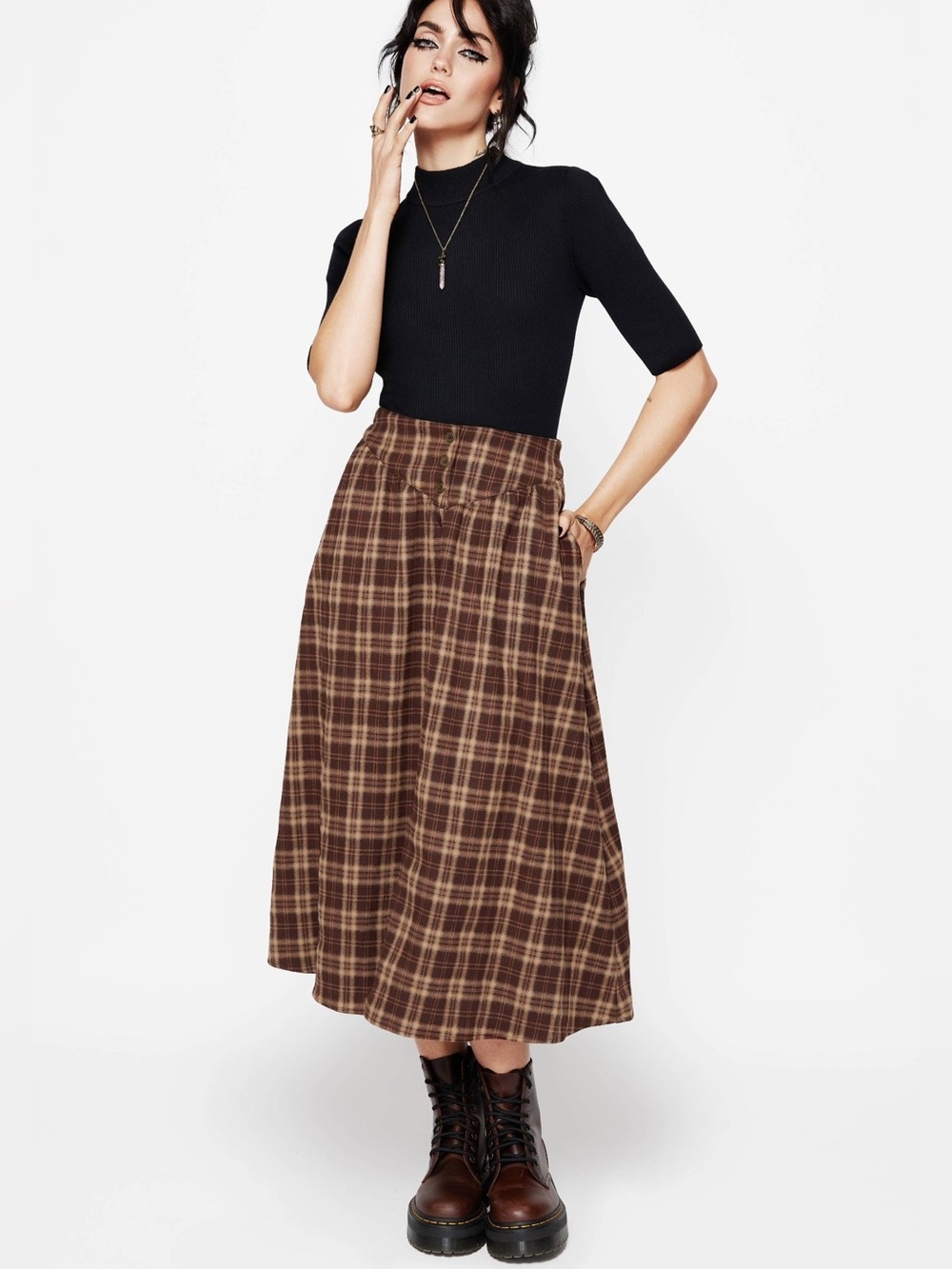 Disturbia Milo Check Button Down Front Split Midi Skirt US 14 / UK 18